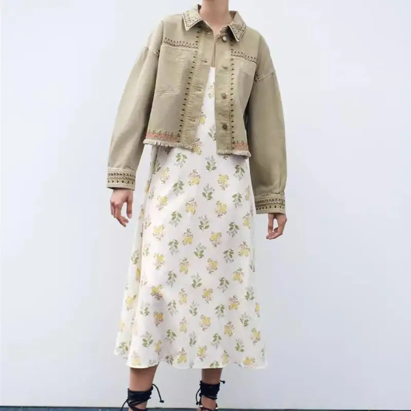 가을 신상 다용도 프레이드 자수 장식 고급 셔츠 재킷 루즈핏 데님 원단 긴팔 폴로 칼라