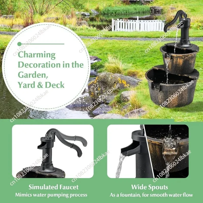 Garden outdoor landscape decoration fountain double-layer plastic imitation wooden barrel solar fountain running water