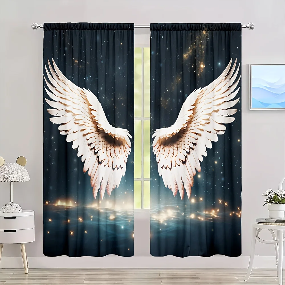 Majestic Angel Wings Curtains, Fantasy Galaxy Starry Sky Blackout Drapes for Bedroom, Mystical Home Decor Window Treatment