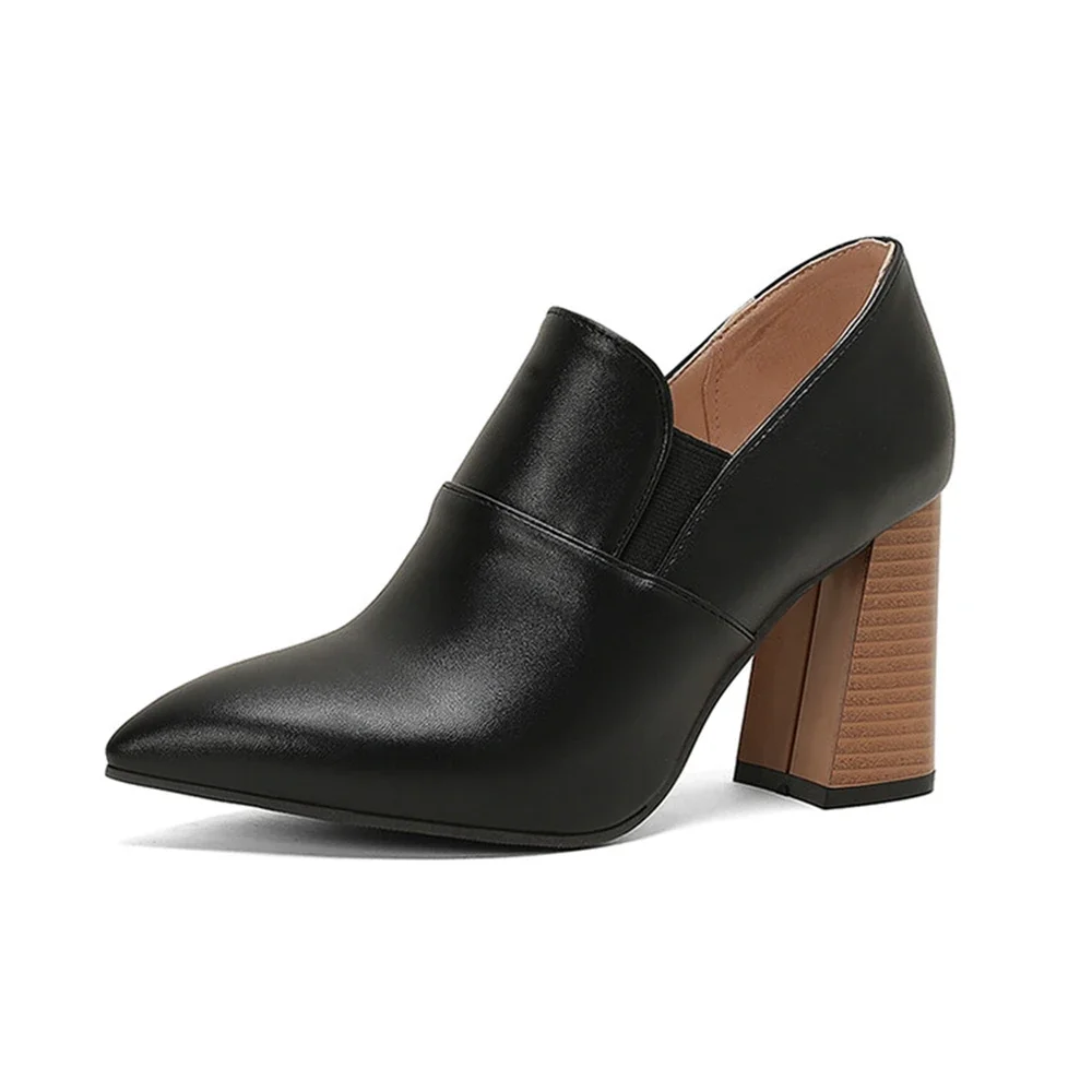 Women Pointed Toe Pumps Thick Block Heels Side Cut‑out Elastic Slip‑on High Heel Dress Shoes Big Size 32‑50 2411