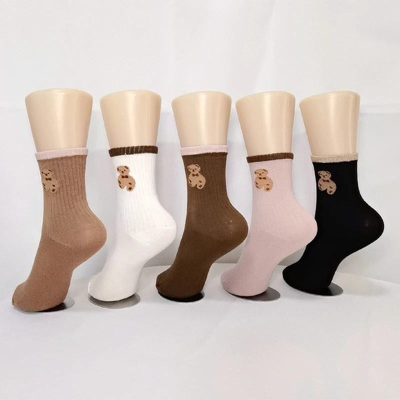 5Pair Cute Bear Socks Kawaii Cute Women Socks Tube Socks Ins Trendy All-match Girls Student Socks Summer White Ladies Thin Socks