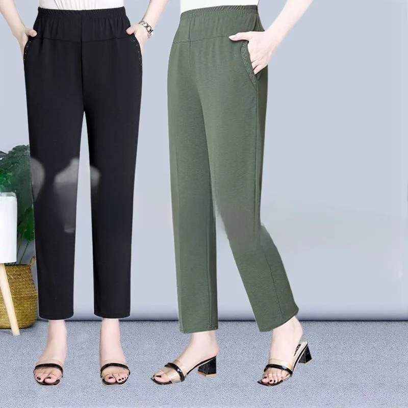 High Waist Straight Leg Ice Silk Pants Elastic Casual Ladies Trousers for Middle-Aged And Elderly Women Autumn New Arrival