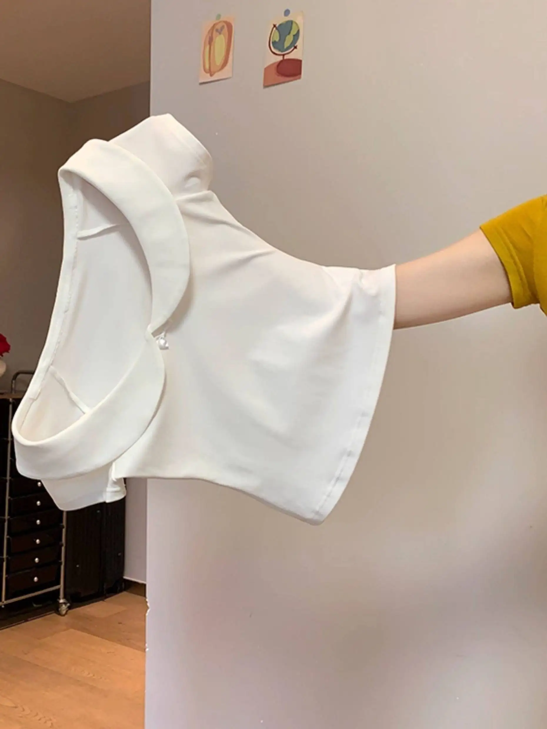 Cute Girl Summer Short Sleeve T-Shirt Women's Slim Fit Doll Collar Top  Knot Splice Cotton Sweat Absorbent High Waist