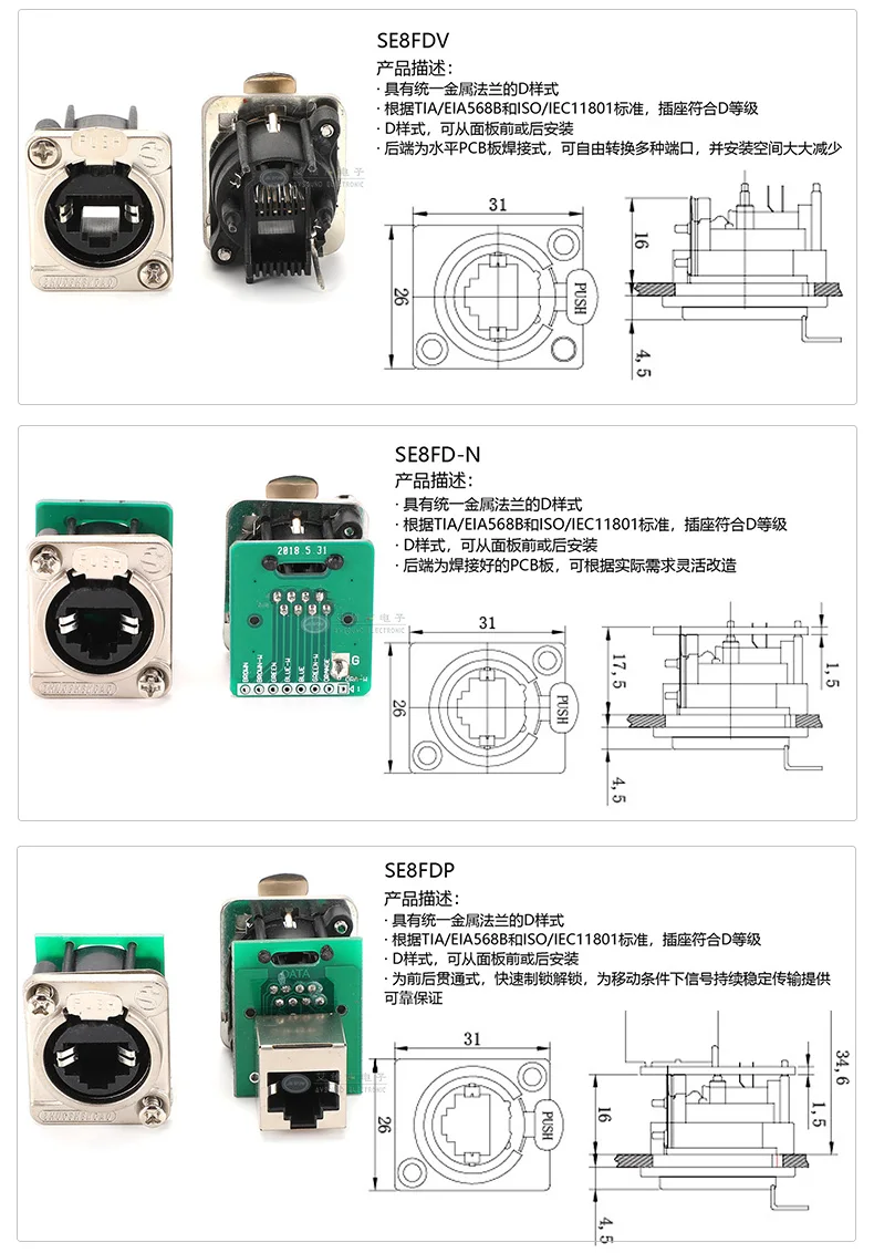 D-Typ-Modul RJ45 CAT5E Vertikaler Panel-Mount-Stecker Netzwerk-Ethercon-Chassis-Buchse, D-N8FDP RJ45-Einvoer/Pass-Buchse für Panelmontage – Detail 6