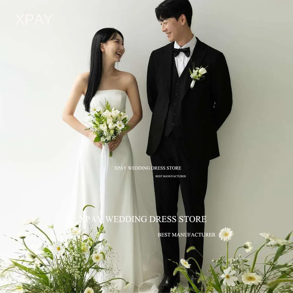 Xpay Elegante Strapless Korea Trouwjurken Elastische Satijnen Mouwloze Bruidsjurk Op Maat Gemaakte Foto 'S Shoot Plooien Bruid Jurk