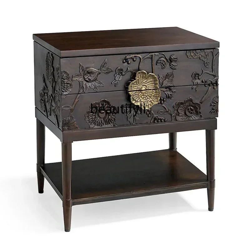 M182  French solid wood bedside table American bedroom carved bedside table retro style master bedroom storage storage cabin
