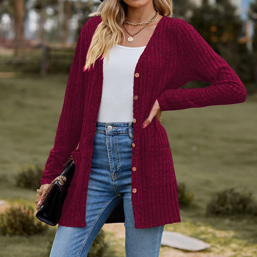 Autumn Winter Women Ribbed Button Cardigan Solid Casual Knitted Coat V Neck Tops Outwear Long Sleeve Elastic Basic Slim Sweater