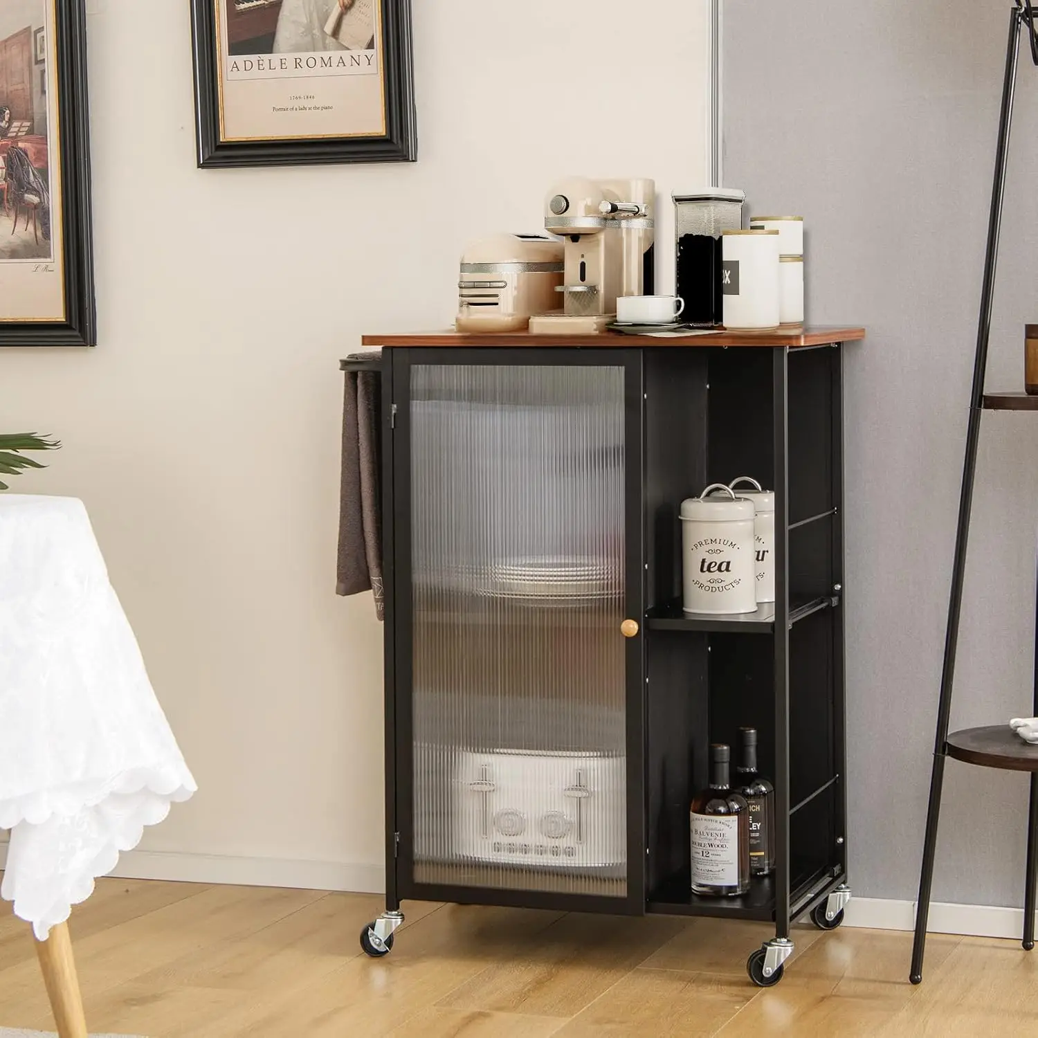 Mobile Kitchen Island, Storage Cabinet, Open Shelves & Towel Handle, Kitchen Storage Utility Cart on Wheels, Wood