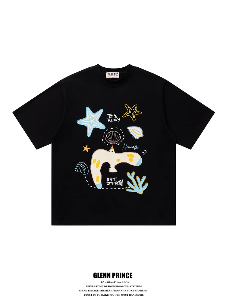 

GPstudio Japanese Style Starfish Embroidery Short Sleeve Cotton T-Shirt Men's Summer Youth Loose Fit Printed Tee
