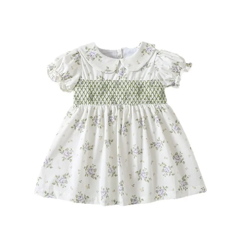 

2025 New Summer Girls Floral Dress Cute Baby Smocked Gown Fashionable Peter Pan Cotton Outfit Adorable Kid Party Clothes Costume