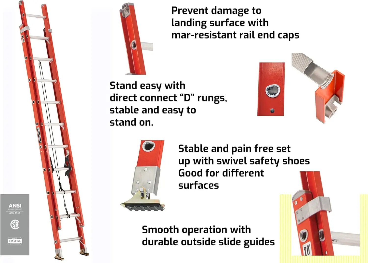 Louisville tangga FE3228, tangga ekstensi kaki 28 Ft Orange 172 "W X 7" H non-konduktif, tugas berat tahan lama dapat diperpanjang