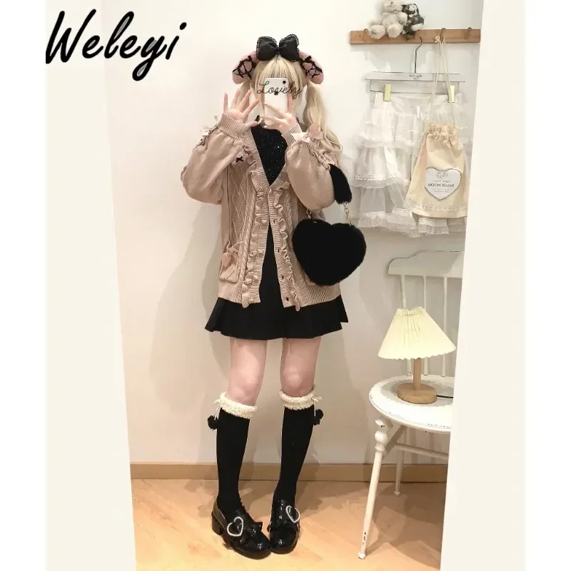 Lolita Cute SC Rabbit Embroidered Wood Ear Knitted Cardigans Sweet Fried Dough Twists Love Strap Mid-length Sweater Cardigan