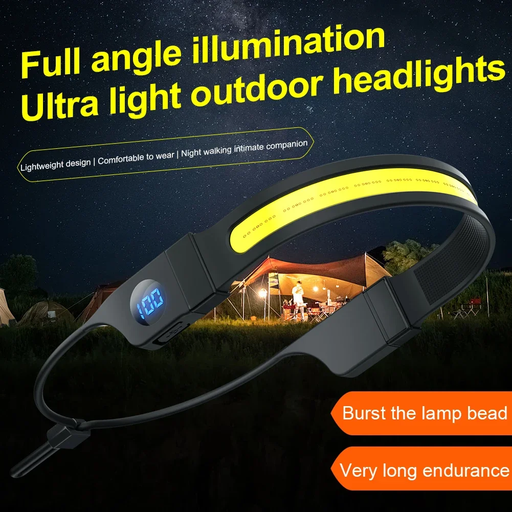 LED+COB Waterproof Headlight 300LM USB Rechargeable Head Flashlight Digital Power Dispaly for Camping Fishing Hiking