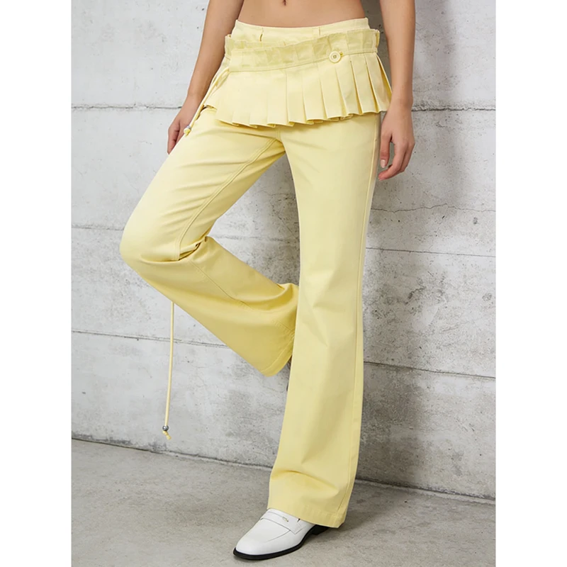 

PBAP Желтая юбка с запахом Джинсы с однотонными карманами Плиссированные искусственные двухсекционные свободные прямые брюки с высокой талией Cutecore Y2k Женская одежда