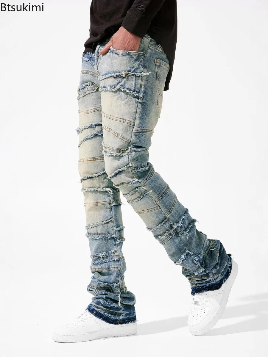 New Men's Patchwork Denim Pants Stacked Jeans Ripped Washed Frayed Pants Vintage Street Style Slim Fit Straight Trousers for Men