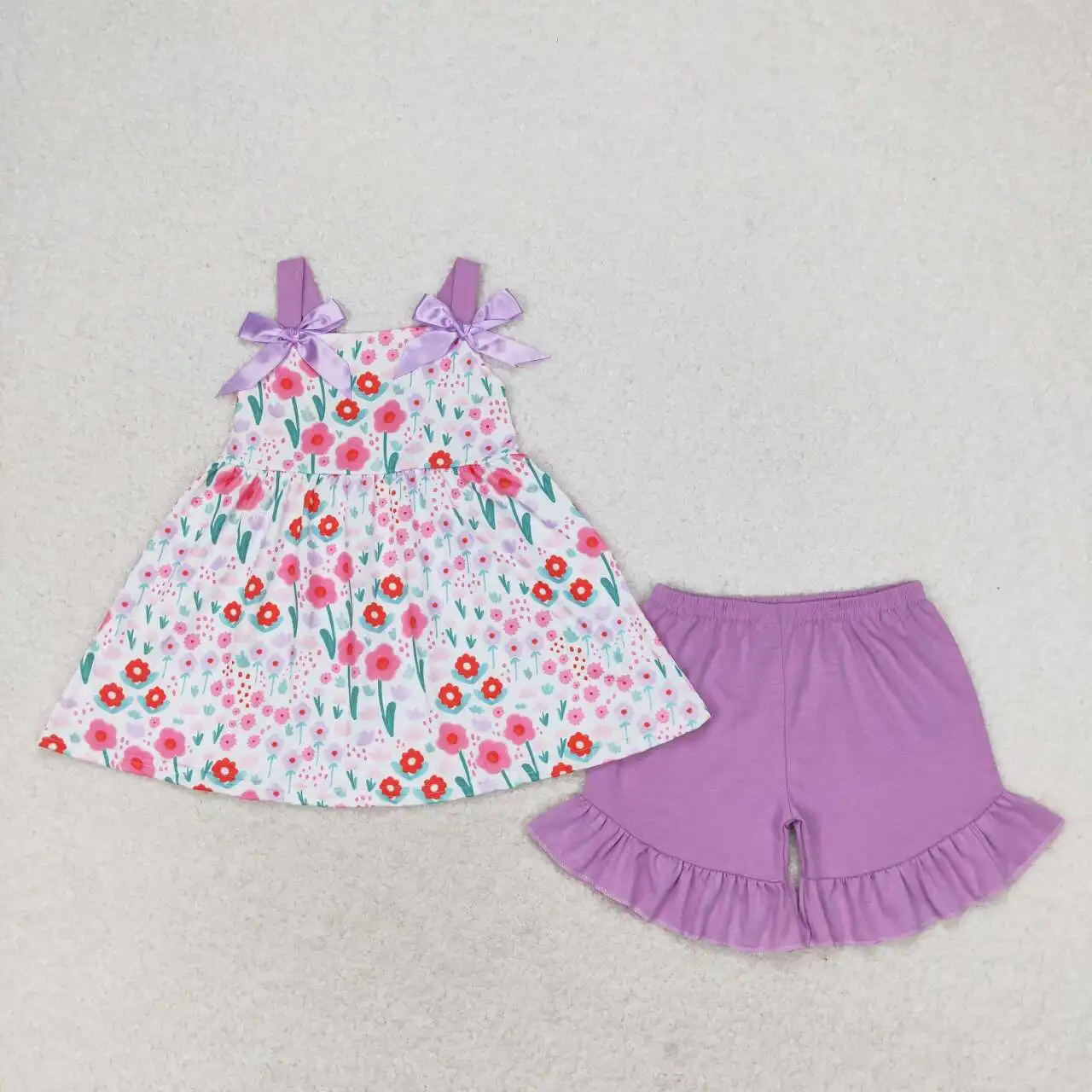 

Baby Girls Floral outfits summer clothing Toddlers wholesale boutique Baby Short Sleeves Top purple Shorts Kids new arrival sets