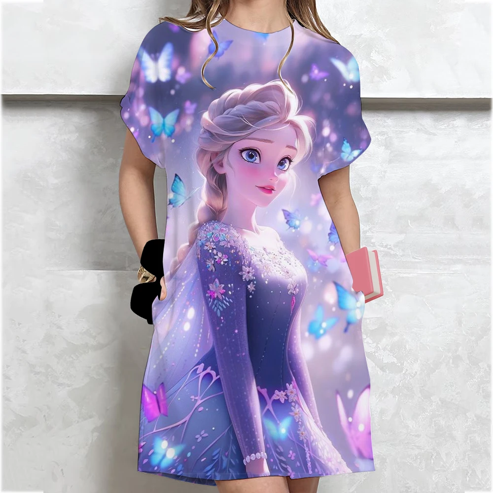 2025 Disney Princess Women's T-shirt Dress Loose Casual Printed O-neck Women's Short sleeved Hoodie Women's Clothing
