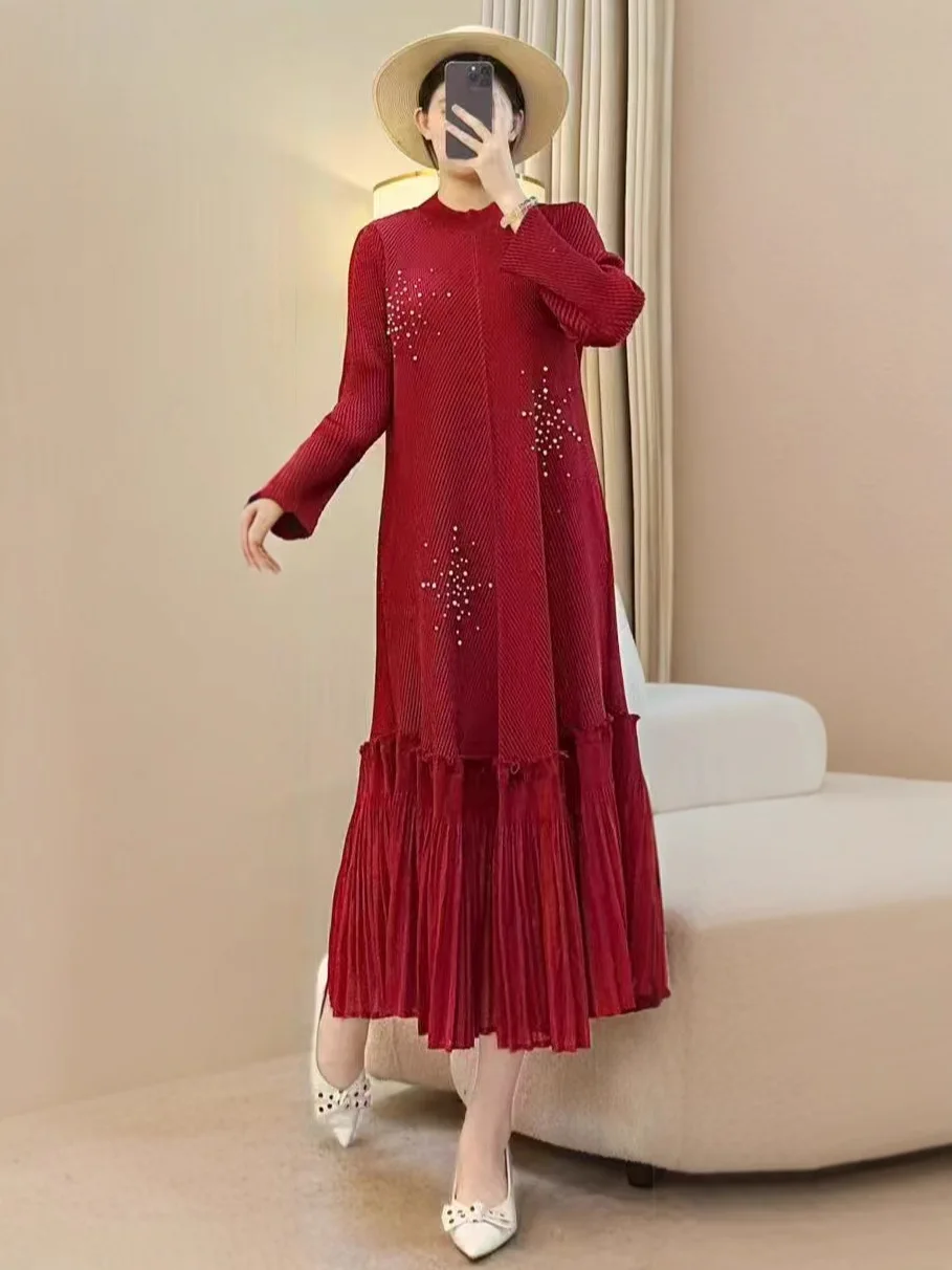 ミヤケ 蓮の葉ドレス ペンデュラムプレート フラワースリーブ 立体花飾り プリーツ Aライン ビーズデザイン ロングドレス