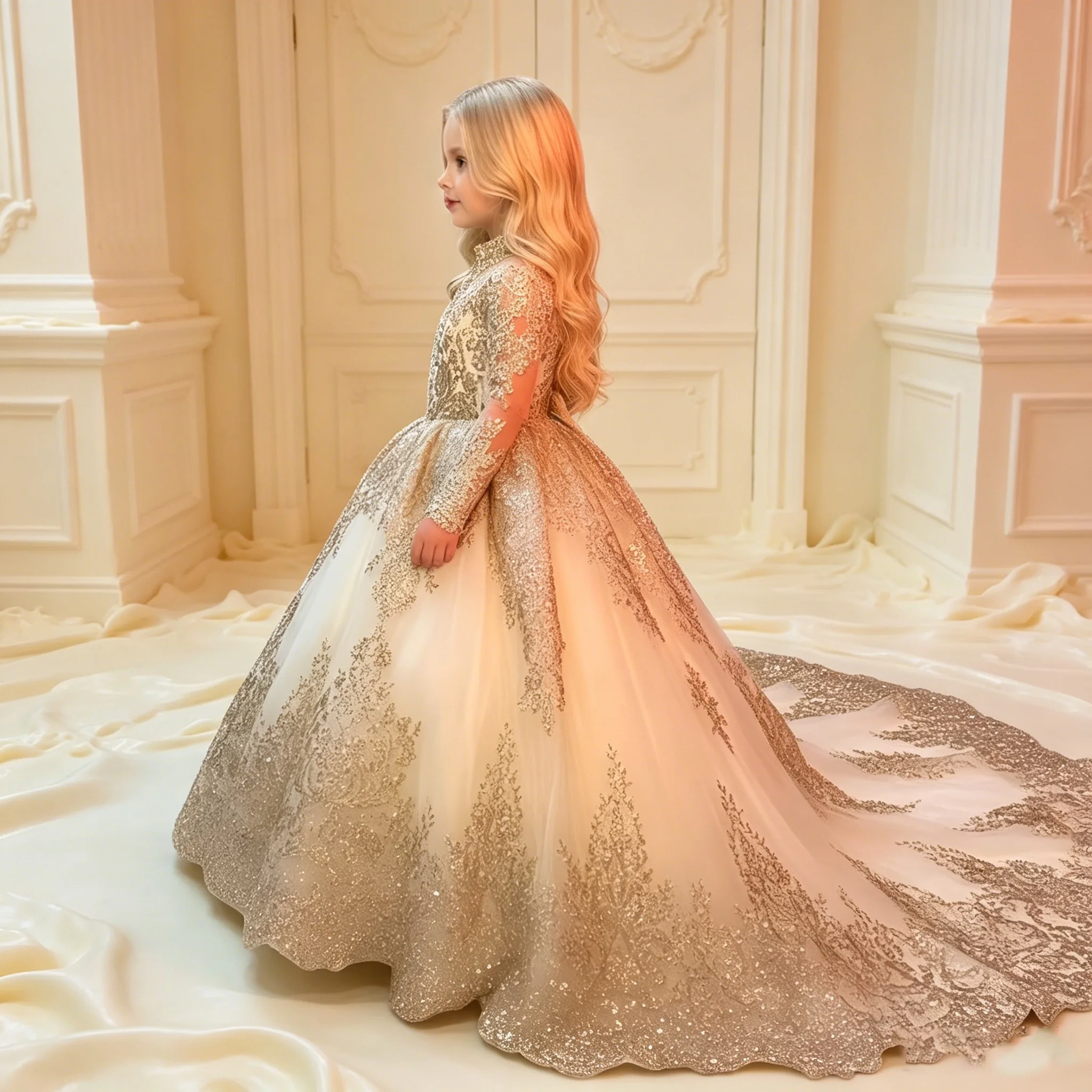 Customized Gold Flower Girl Dress Floral Appliques Long Sleeve For Wedding Birthday Prom Party Evening Banquet Princess Gown