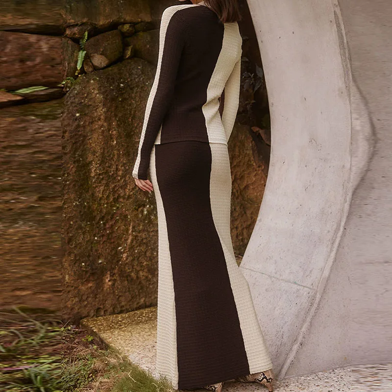 Elegant V-neck Long Sleeve Blouse with Skirt Set Women Fashion Color Clashing Slim 2 Piece Outfits Sexy Hollow Long Skirt Suits