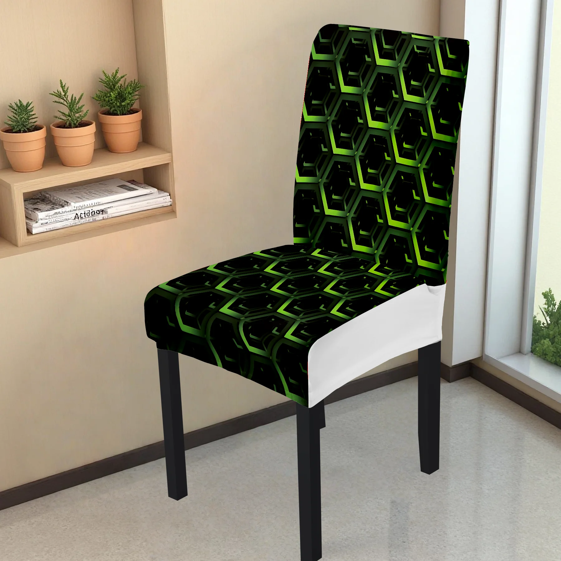 2026 New Stretch Chair Cover, Cool Green Geometric Hexagon Print, Summer Outdoor & Indoor Use, Washable Non