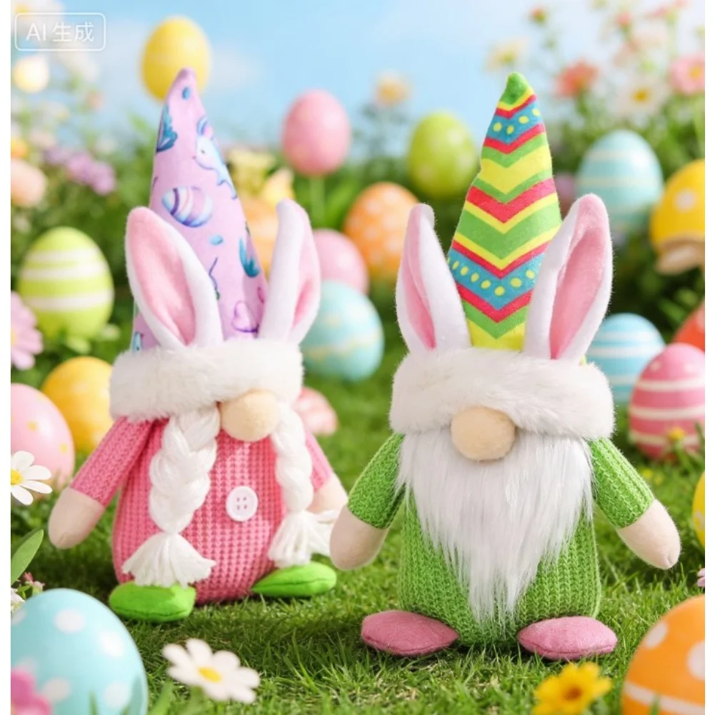 

Cute Cloth Bunny Gnome Doll With Knitted Rabbit Ears For Easter Party Decoration Hanging Ornament 22x10x6cm Green Pink