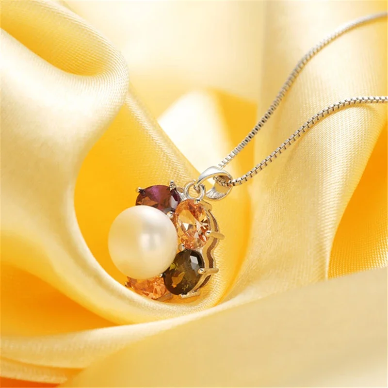 925 Sterling Silver Colorful Zircon Trendy Pendant 100% Genuine Natural Freshwater Pearl Elegant Pendant Necklace(No Chain)