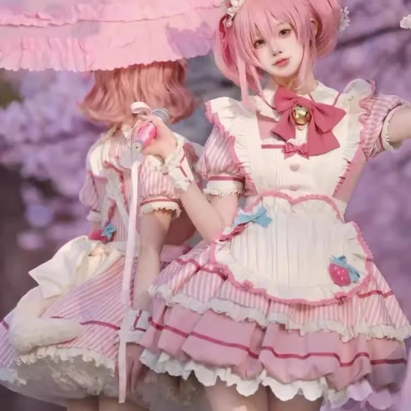 NONSAR น่ารักทุกวัน Lolita ชุดเจ้าหญิงชุดผู้หญิงหวานสีชมพู Berry Bell Bow สั้นพัฟแขน Bubble Bud ชุดมินิผ้ากันเปื้อน