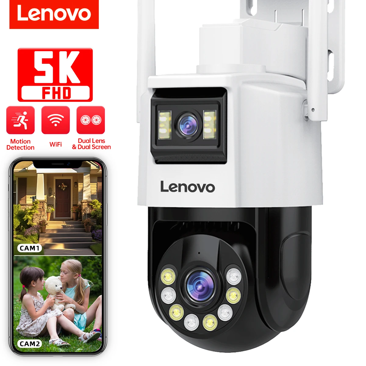 Lenovo 5K PTZ WIFI Camera Dual Lens Dual Screen IP Camera Outdoor IP66 waterproof Surveillance Camera Color Night Vision