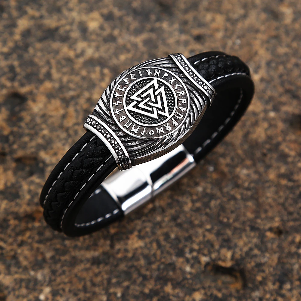 Retro Mens Viking Valknut Bracelets Stainless Steel Viking Vegvisir Compass Bracelet Bangle Norse Mythology Runes Amulet Jewelry