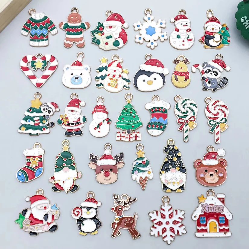 5pcs/30pcs Alloy Enamel Christmas Series Pendant Jewelry Making DIY Keychain Earrings Charms for Jewelry Bracelets Necklace