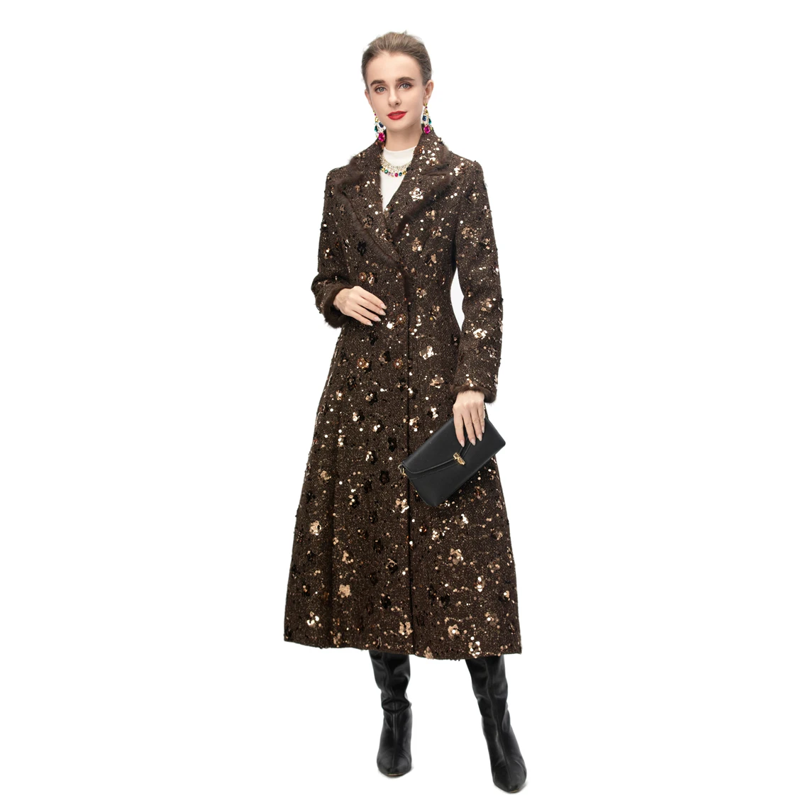 Women's Luxury Sequined Long Coat with Fur Trim, Elegant Double-Breasted Winter Overcoat, Sparkly Glitter Outerwear