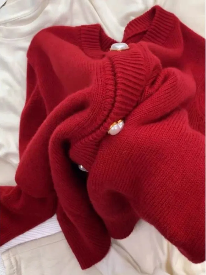 Neujahr Rot Gestrickte Offene Strickjacke Pullover Damen Herbst Winter Thiened Lazy Sle High End Top Pendeln Lose Fit Lange Sle...