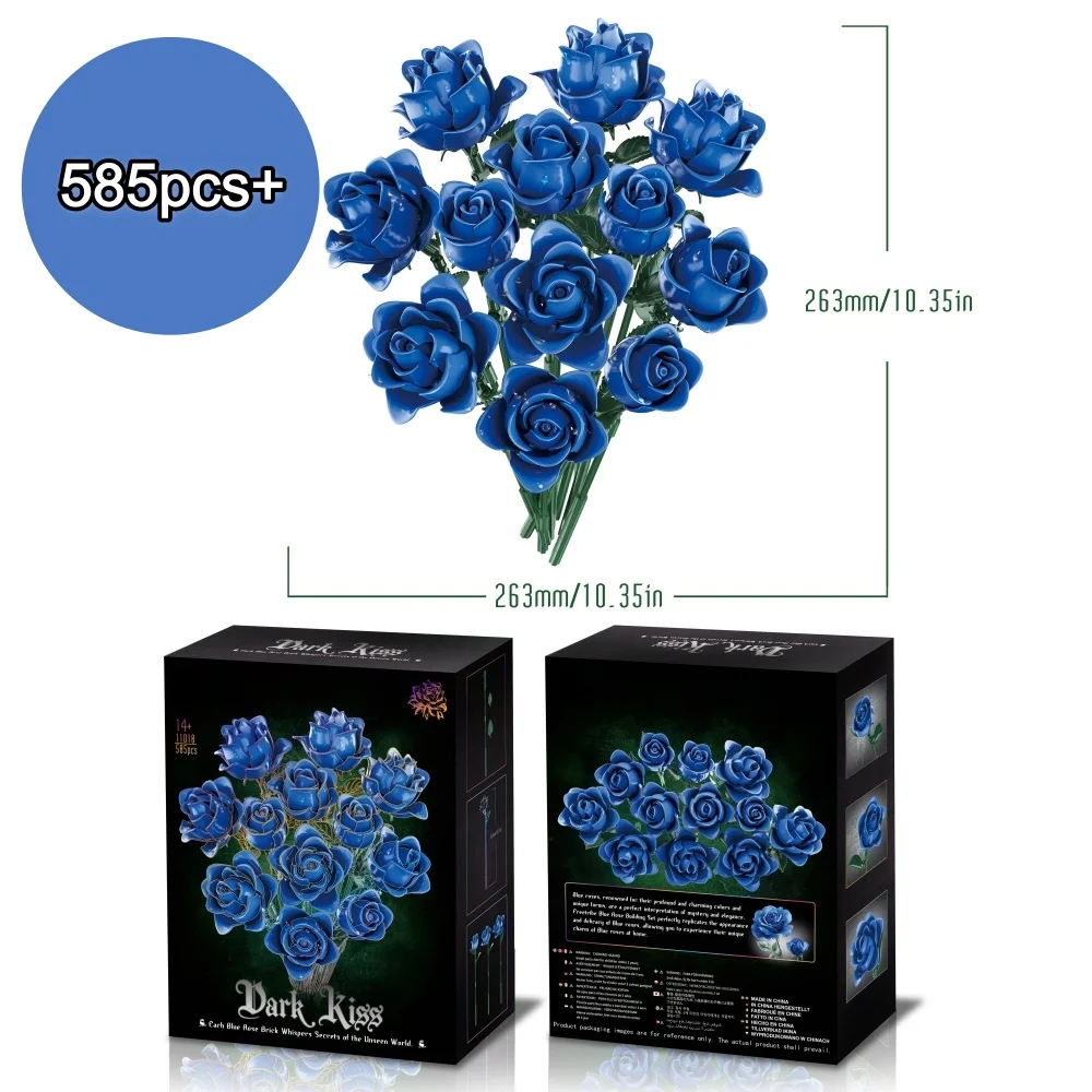 

585pcs Blue Rose Bouquet Building Blocks Set DIY Ornament Romantic tabletop decoration Christmas Valentine Gift for Adults Women