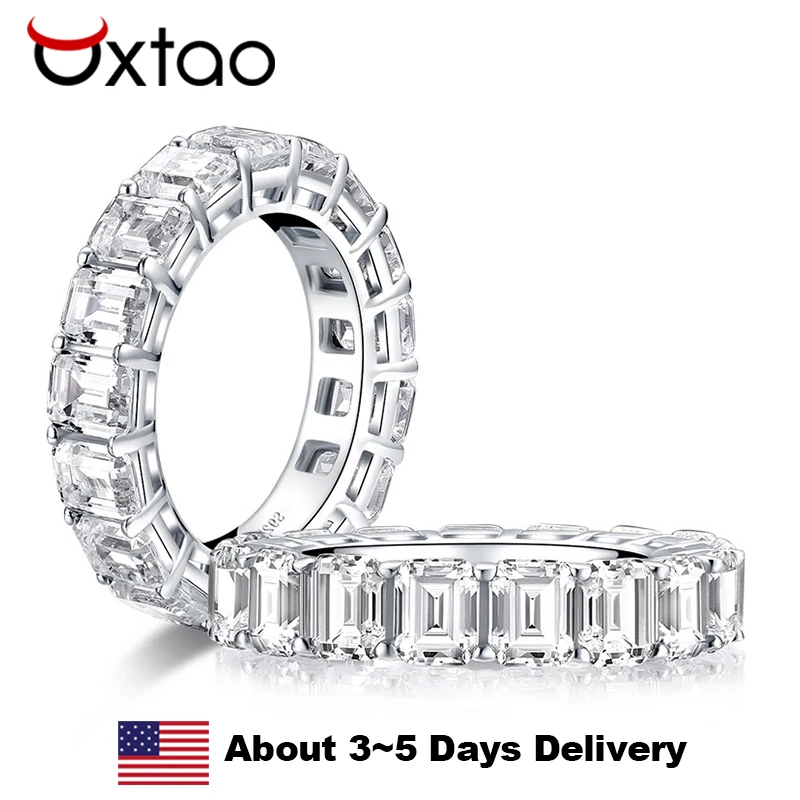 

OXTAO 4x5mm Emerald Cut Eternity Ring Cubic Zircon 925 Sterling Silver Engagement Wedding Ring Anniversary Gifts for Women Men
