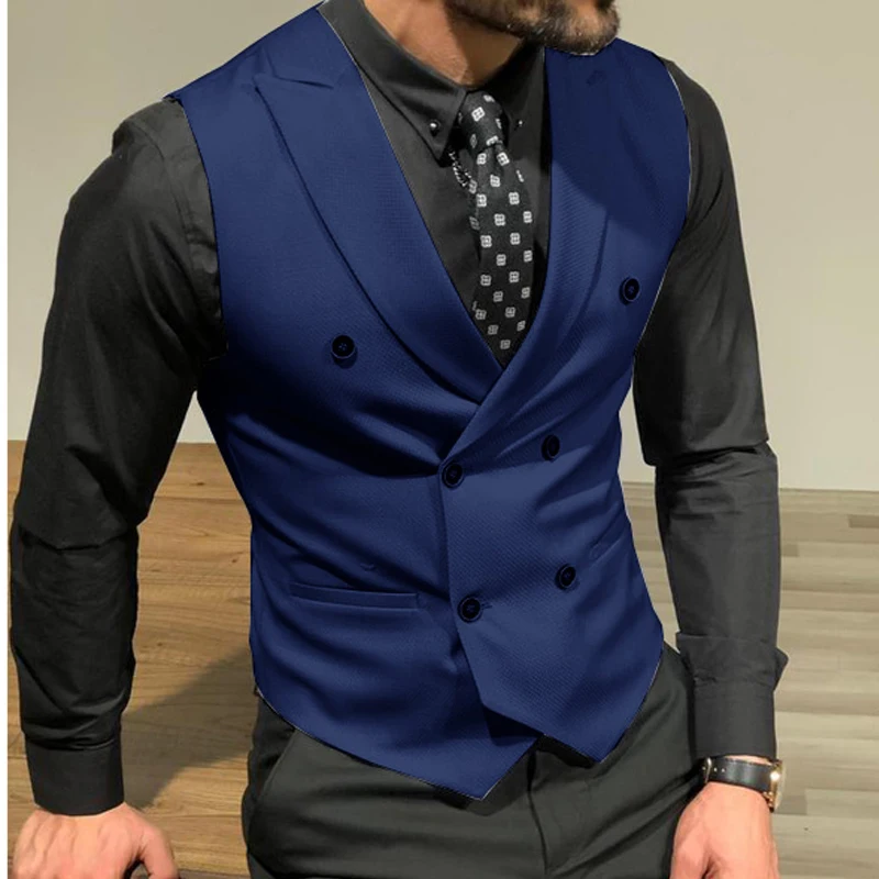 Sleeveless Men\'s Suit Vests with Double Breasted Slim Fit Groomsmen Waistcoat for Wedding Business Single One Piece Male Coat