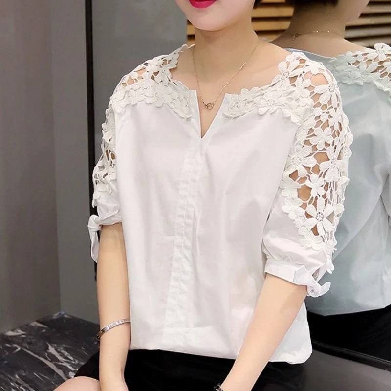 Lace White Shirt Women's Summer Professional Half Sleeve Top T-shirt with Short Sleeves Loose plus Size Slimming Shirt