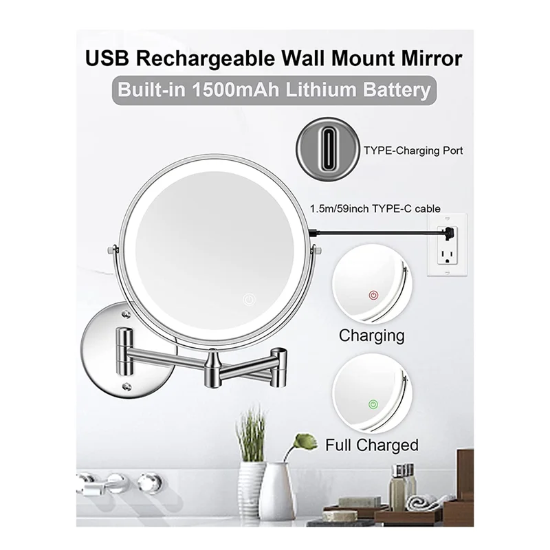 GOOD-8In Chargeable Wall Mounted Vanity/Bathroom Double Side Mirror 1X/10X Enlarge LED&3Color Temp Touch Screen 360° Rotat