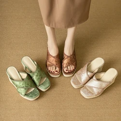 Women's new summer genuine leather, silk, cowhide, grass woven slope heel,high heels,open toed fish mouth shoes,fashion slippers