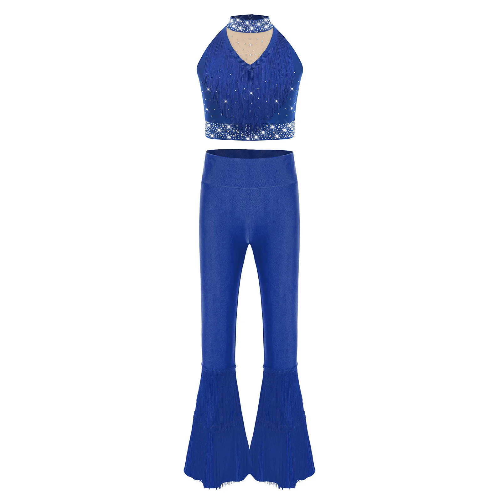 

Girls Dance Vest Latin Dance Outfit Stage Performance Costume Mock Neck Fringe Sparkly Rhinestones Vest Tassel Bell-Bottom Pants