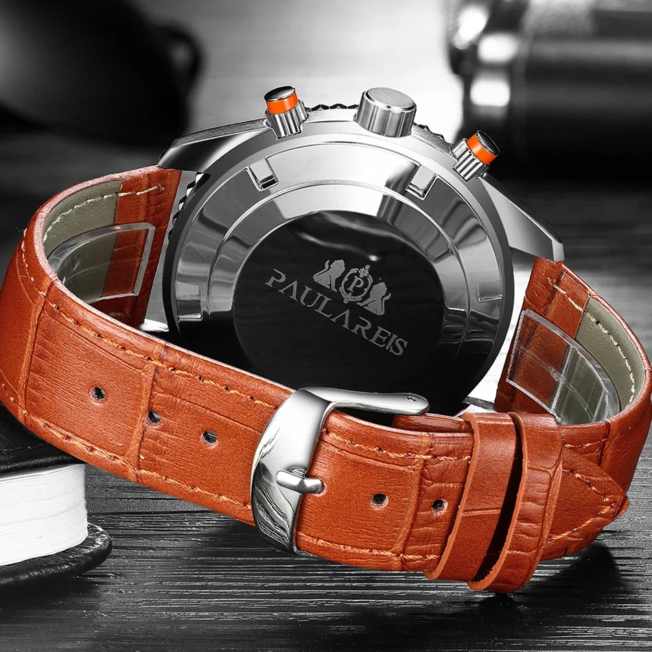 Automatic Watches for Men Mechanical Self Wind Movement Orange Blue Black Leather Rubber Stainless Steel Reloj Hombre Baratos