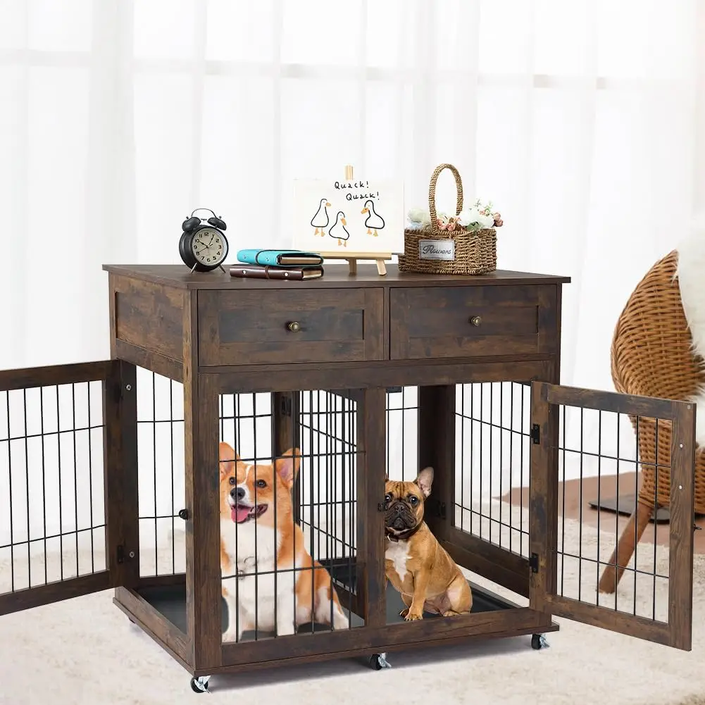 Dog Crate Furniture Wooden Dog Kennel with Room Divider and Tray Double Rooms Dog Cage Wooden Dog Crate Table with 2 Drawers