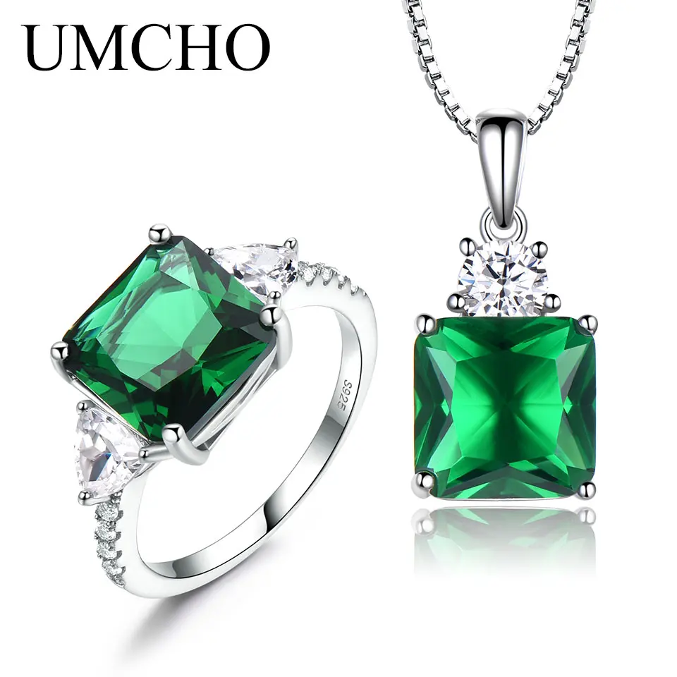 Emerald Jewelry Set Cushion Ring Pendant for Women Engagement Birthday Gift New 2025