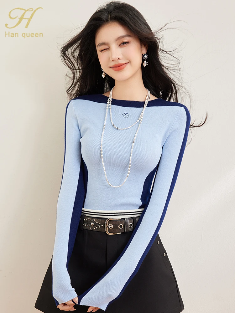 H Han Queen 2025 Spring knitted Pullover Sweaters Casual Splicing Blue Round neck Elastic Slim Basic Long Sleeve Tops