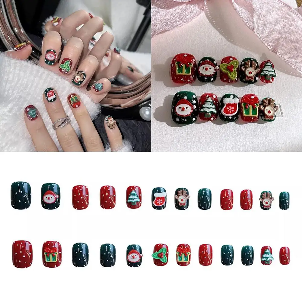 Wine Red Christmas Handmade Press On Nails Gift For Girls Advanced Wearable Fake Nails Snowman Deer Designed Ballet Nail Ar I0k7