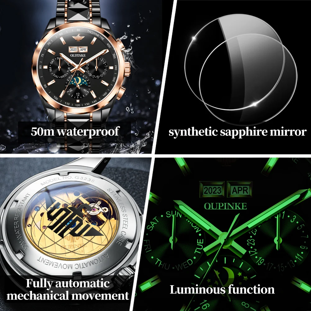 OUPINKE Luxury Man Watch Tungsten Steel Automatic Mechanical Watch for Men Waterproof Moon Phase Calendar Brand Men's Watches