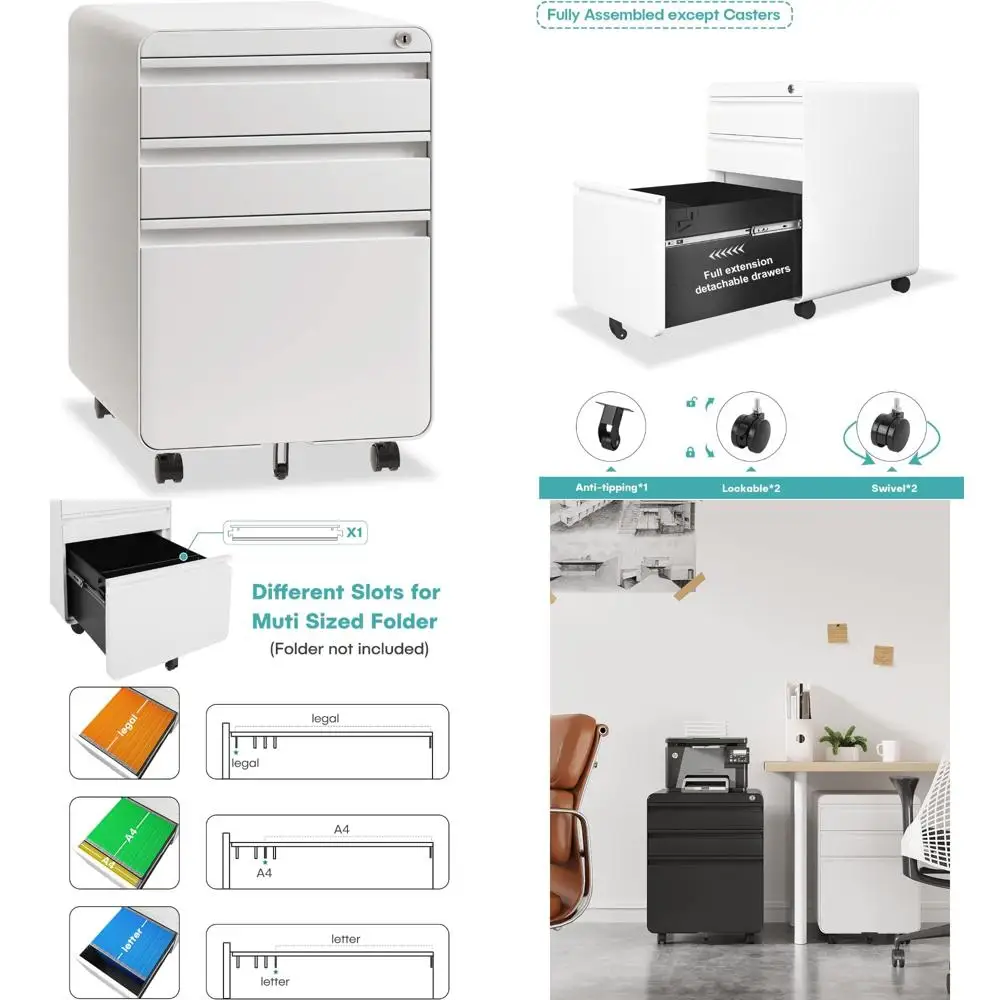 

Metal 3-Drawer File Cabinet with Lock and Wheels, A4/Legal/Letter Size, Under Desk Design, Anti-Tilt