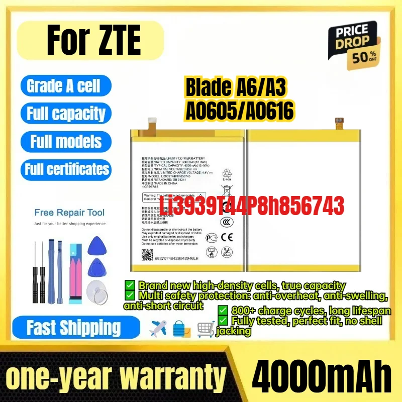 Li3939T44P8h856743 for ZTE Blade A6/A3/A0605/A0616 Phone Battery 0 Cycle High Capacity Battery Replacement Bateria with Tools