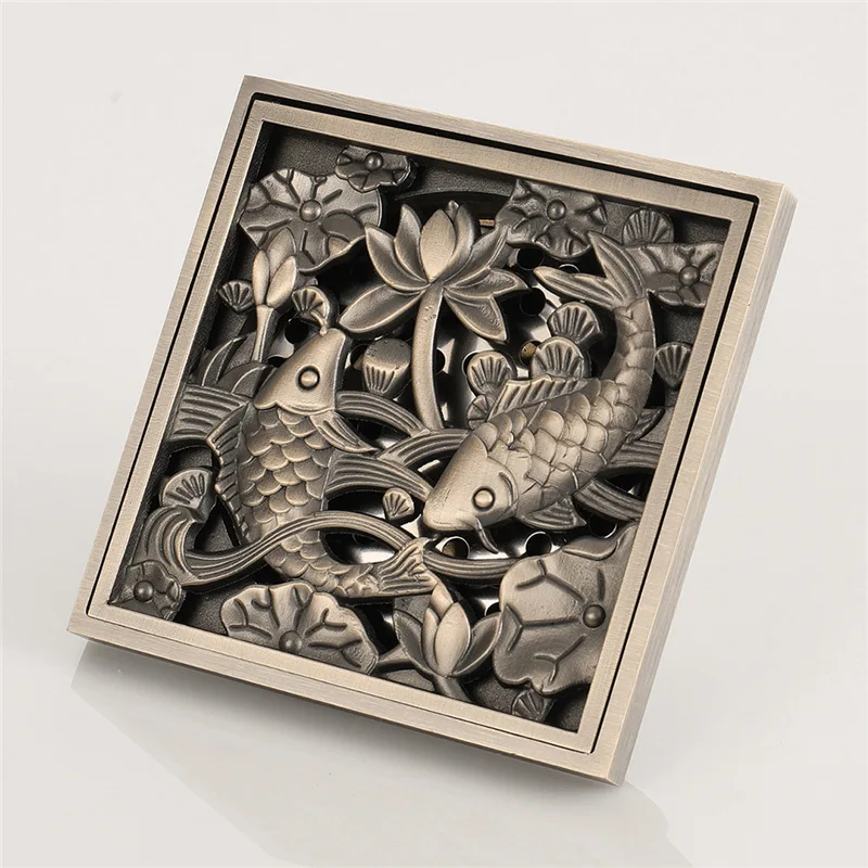 Antique Bronze Carved 10X10 CM Floor Drain Brass Shower Floor Drain European Square Floor Drain Screen Cover Grille Drain