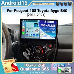 Android 16 For Peugeot 108 Toyota Aygo B40 2014 - 2021 2K QLED Stereo Car Radio Multimedia Video Player GPS 4G CarPlay